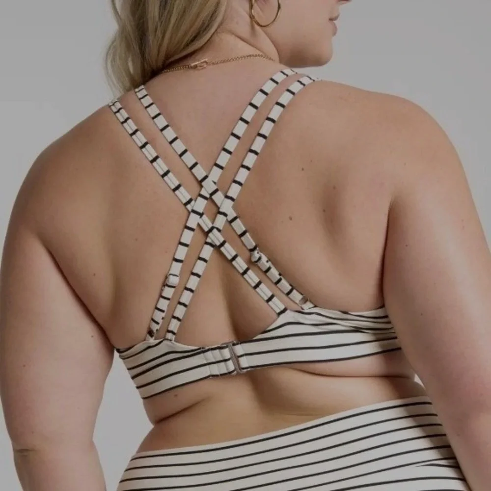 CALIA Bikini Top White Black Striped V-Neck Crisscross Back XXL